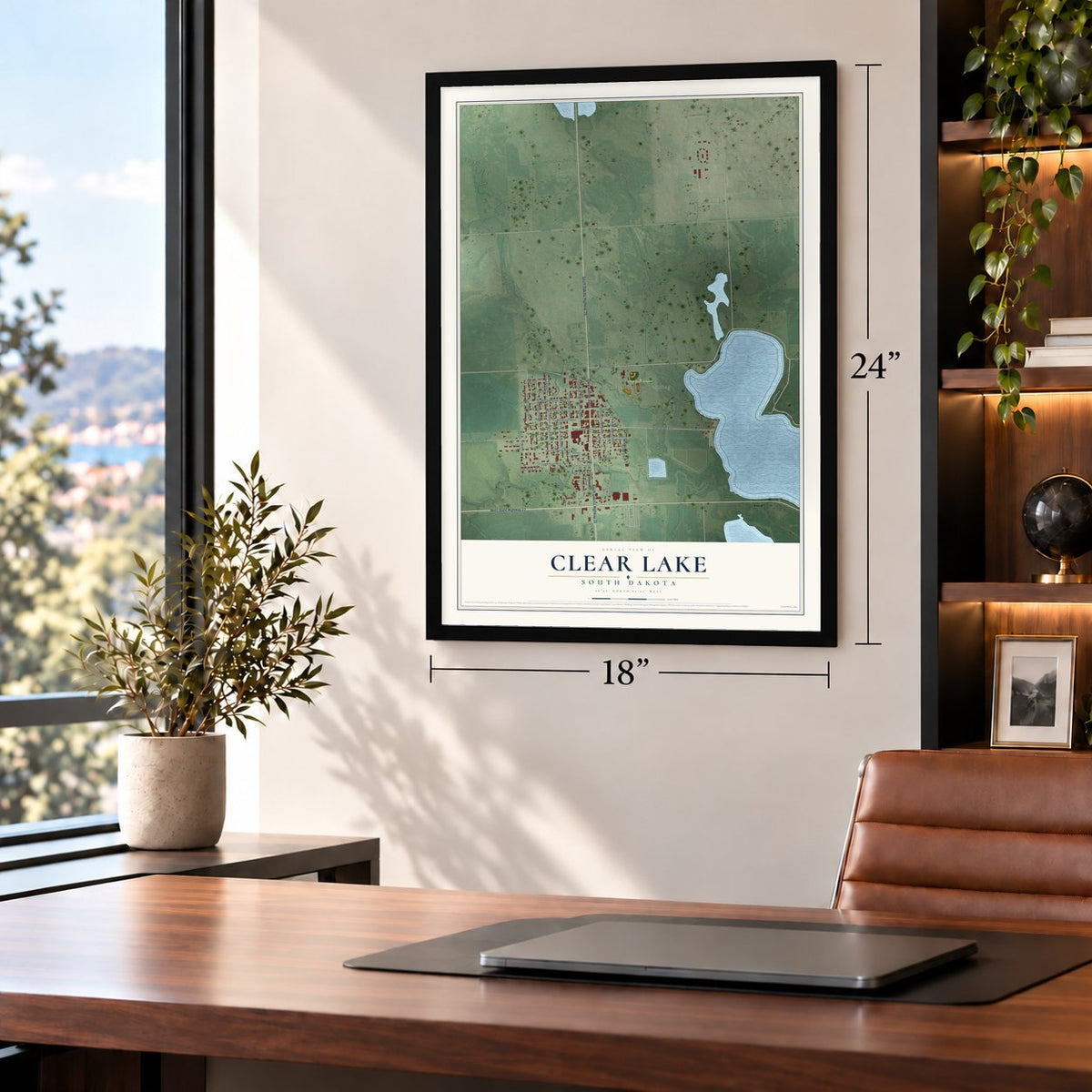 Clear Lake, South Dakota map, 18 x 24 inch print in a black frame in a home office