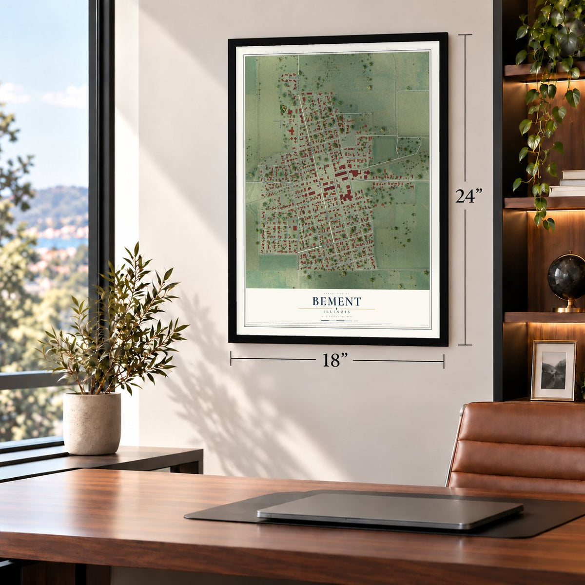 Bement, Illinois map, 18 x 24 inch print in a black frame in a home office