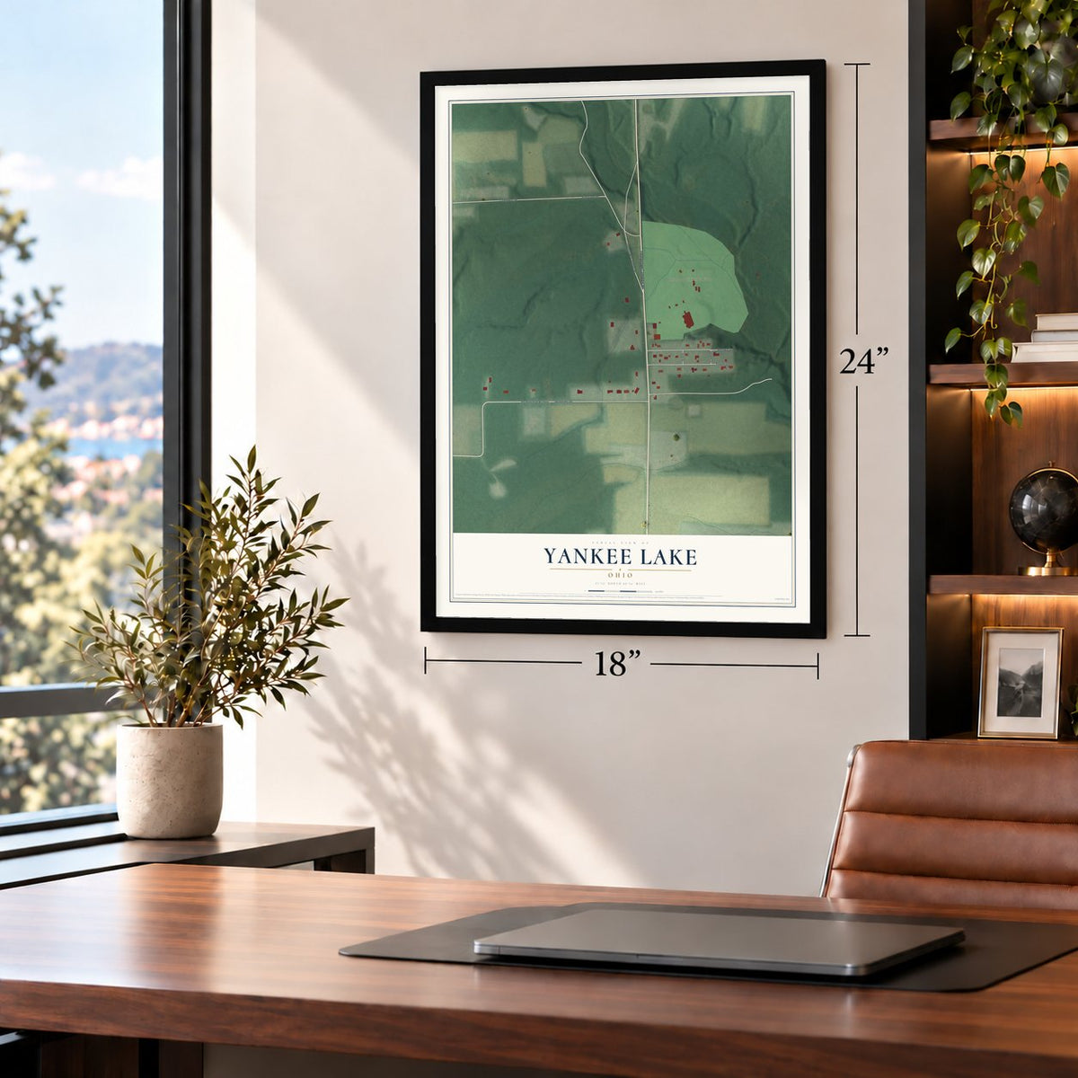 Yankee Lake, Ohio map, 18 x 24 inch print in a black frame in a home office