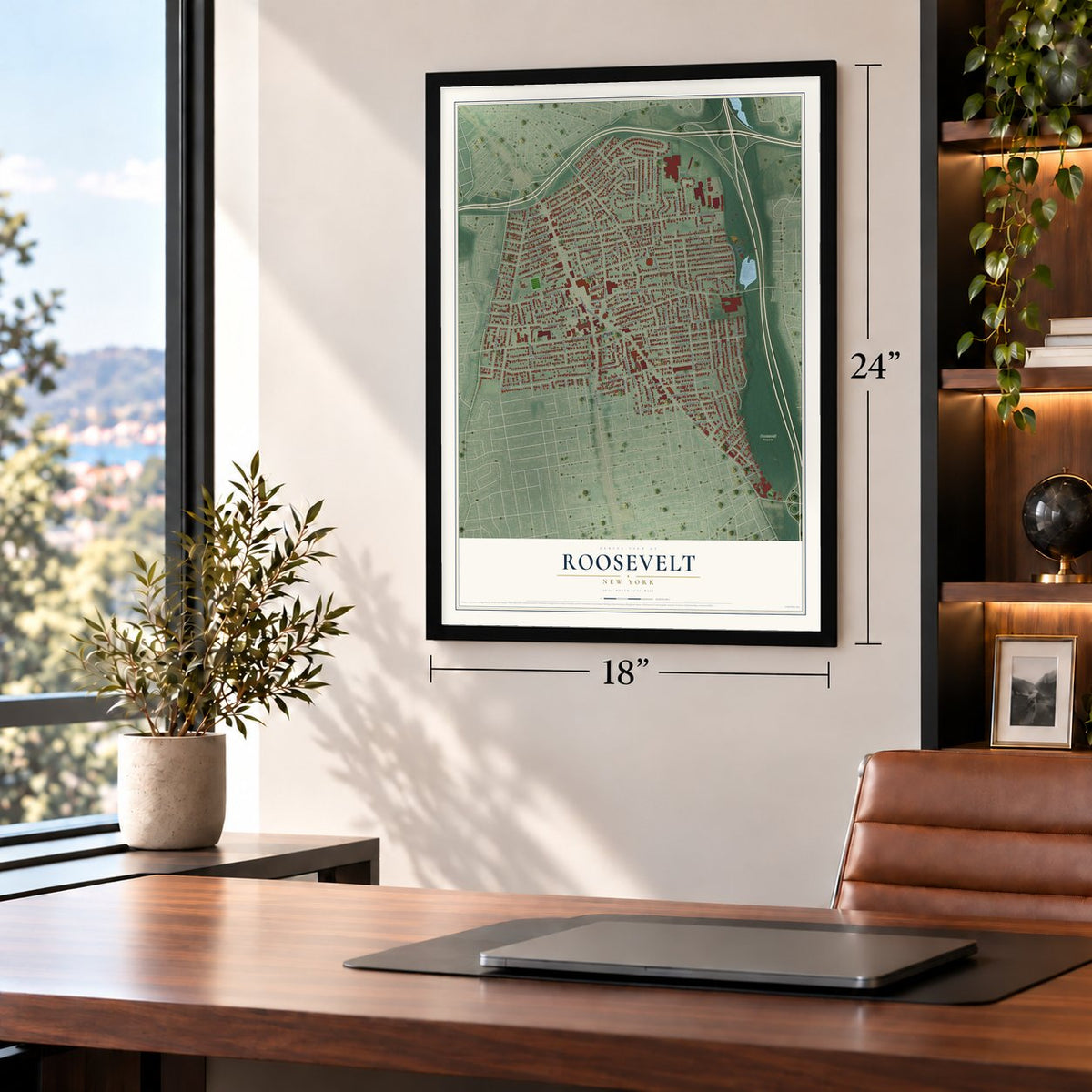 Roosevelt, New York map, 18 x 24 inch print in a black frame in a home office
