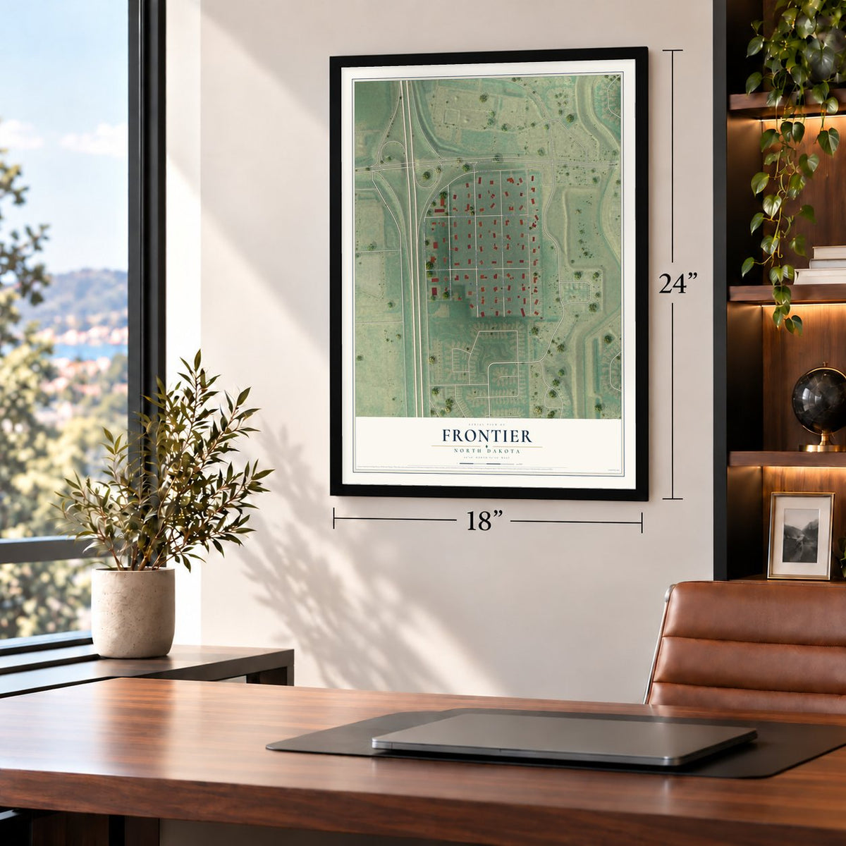 Frontier, North Dakota map, 18 x 24 inch print in a black frame in a home office