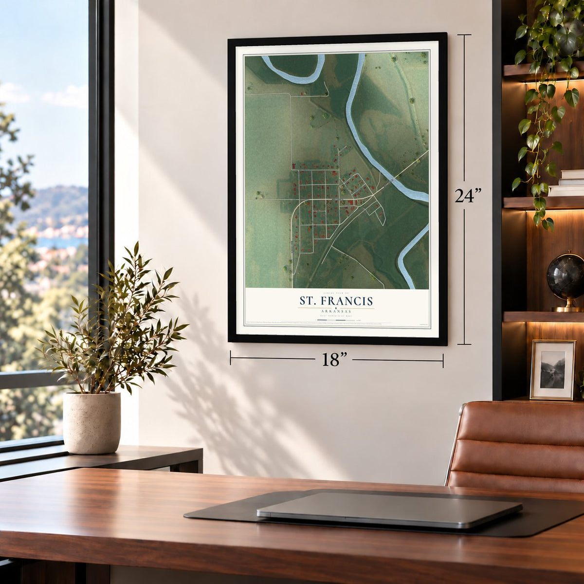 St. Francis, Arkansas map, 18 x 24 inch print in a black frame in a home office