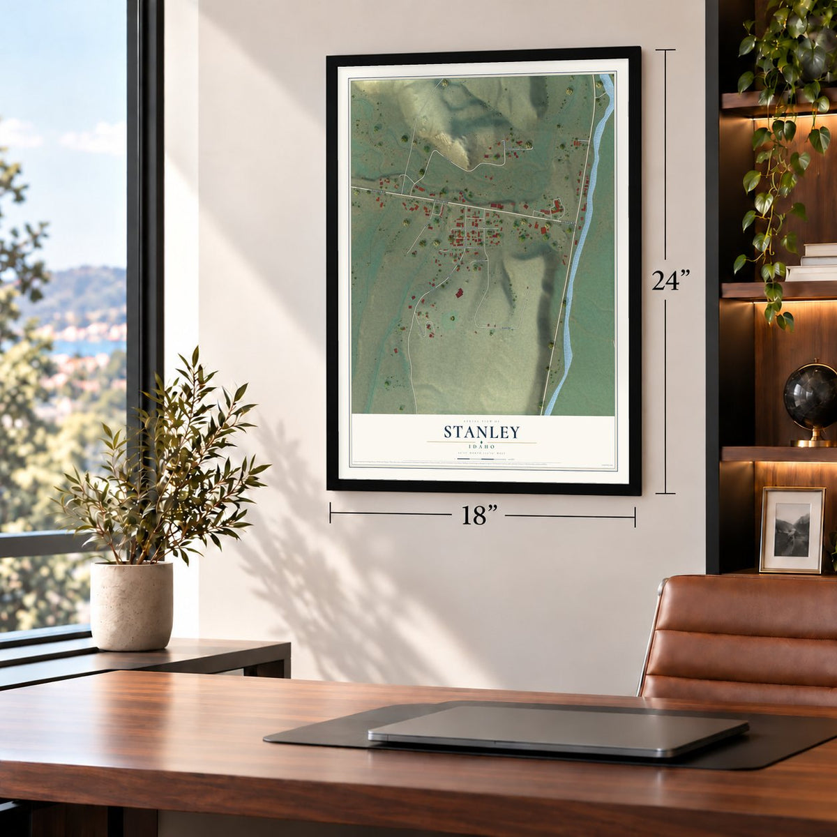 Stanley, Idaho map, 18 x 24 inch print in a black frame in a home office