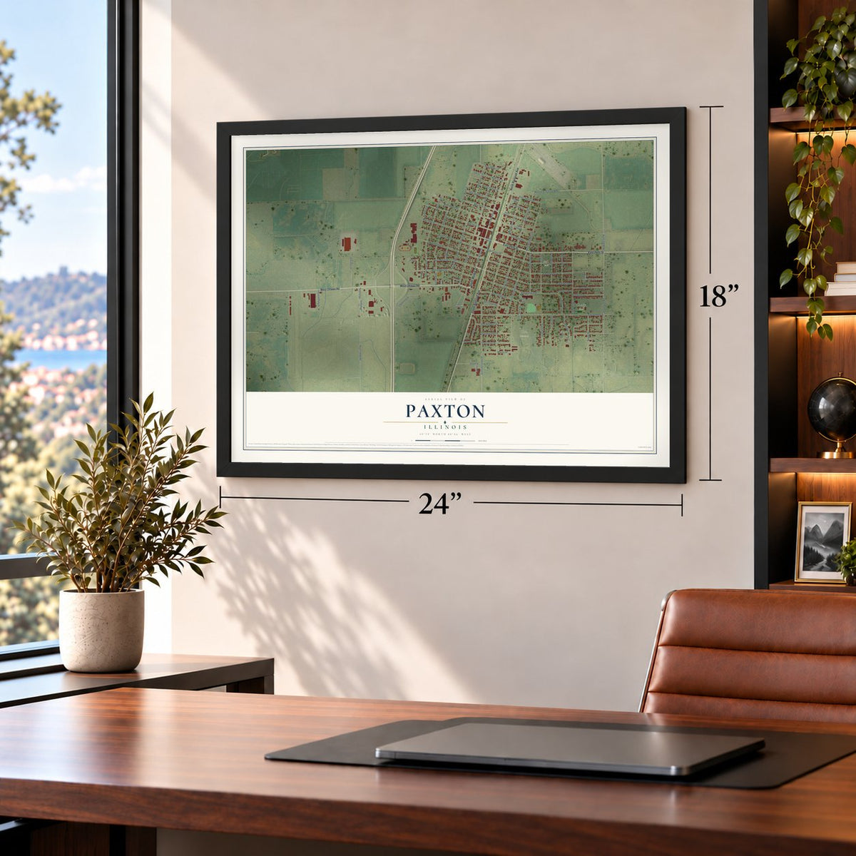 Paxton, Illinois map, 18 x 24 inch print in a black frame in a home office