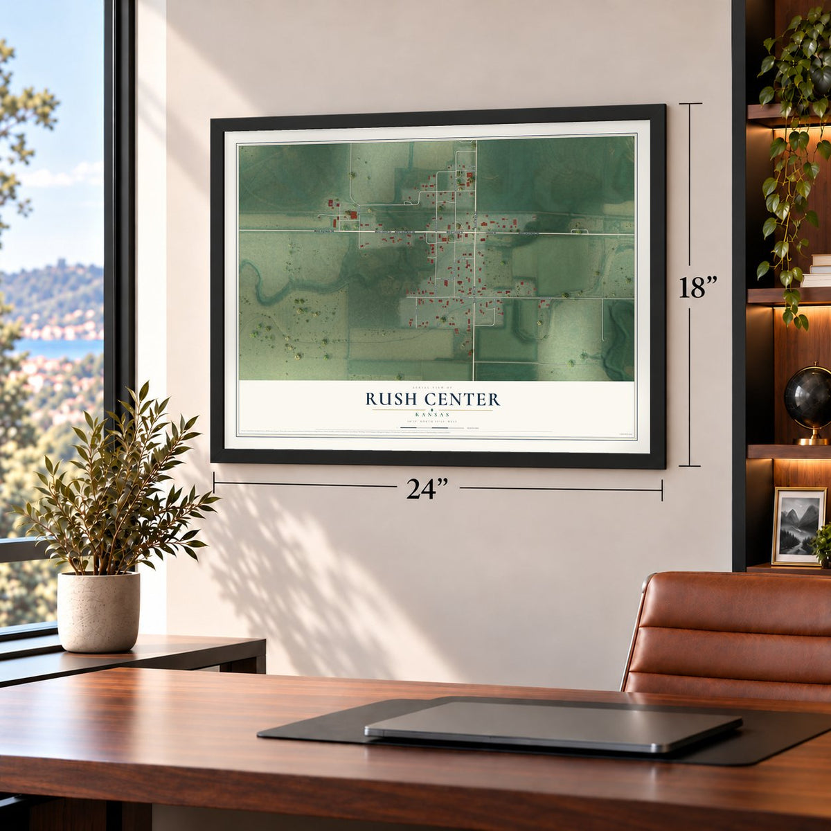 Rush Center, Kansas map, 18 x 24 inch print in a black frame in a home office