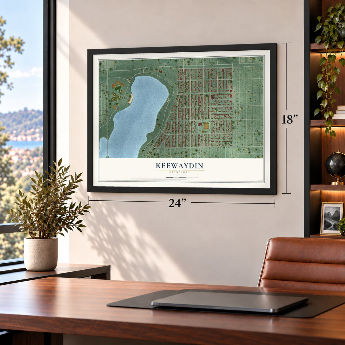 Keewaydin, Minnesota map, 18 x 24 inch print in a black frame in a home office