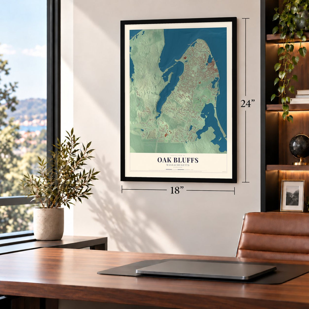 Oak Bluffs, Massachusetts map, 18 x 24 inch print in a black frame in a home office