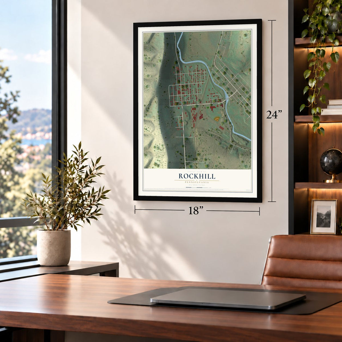 Rockhill, Pennsylvania map, 18 x 24 inch print in a black frame in a home office