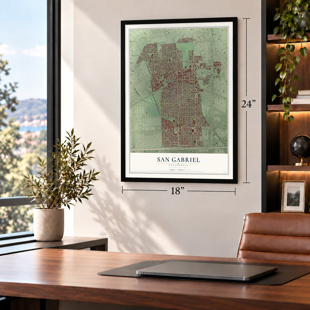 San Gabriel, California map, 18 x 24 inch print in a black frame in a home office