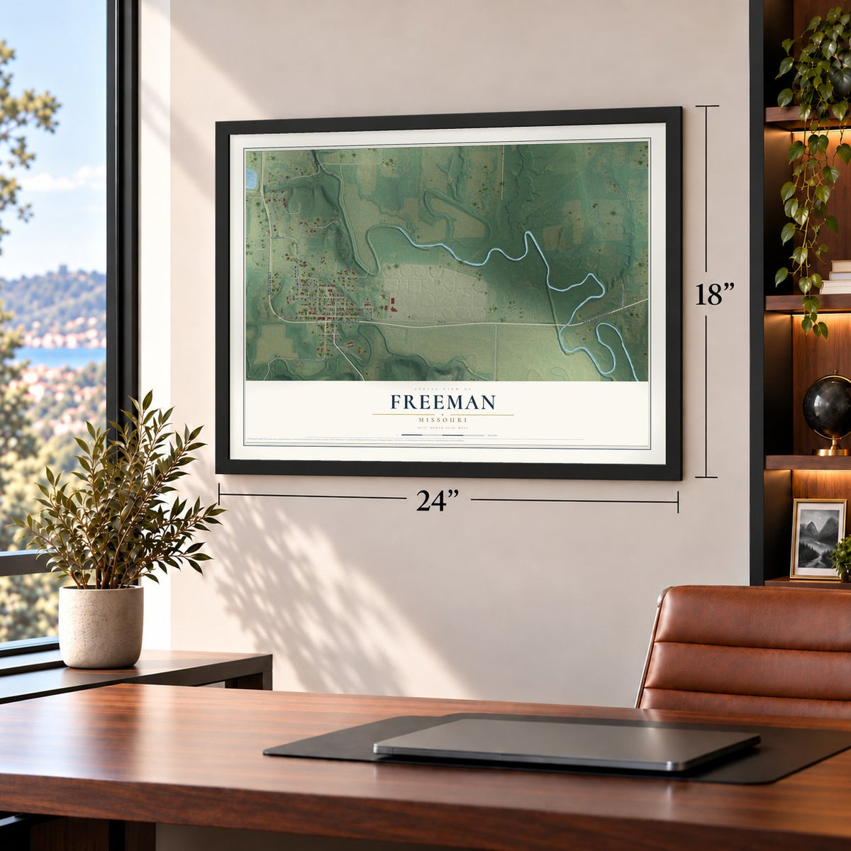 Freeman, Missouri map, 18 x 24 inch print in a black frame in a home office