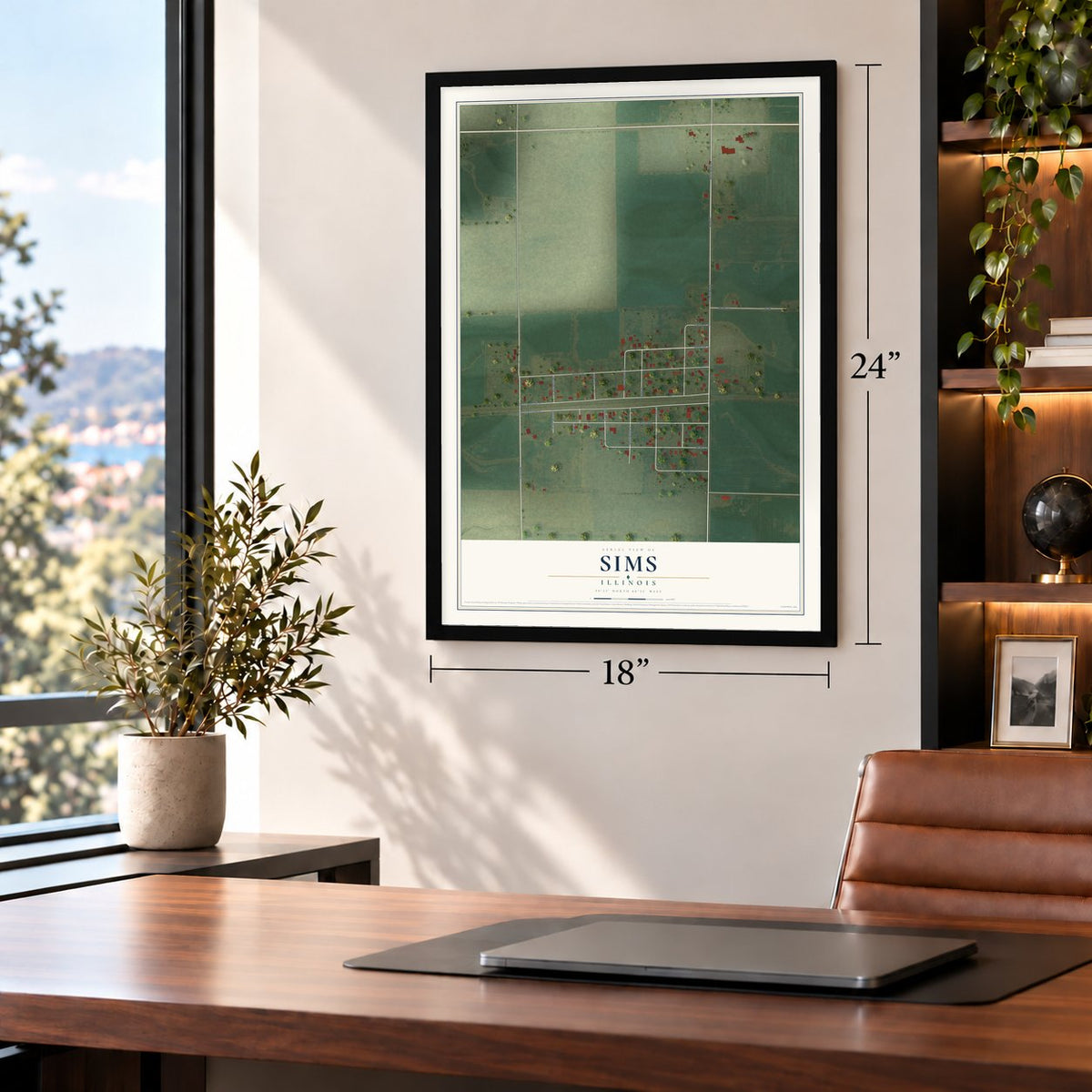 Sims, Illinois map, 18 x 24 inch print in a black frame in a home office