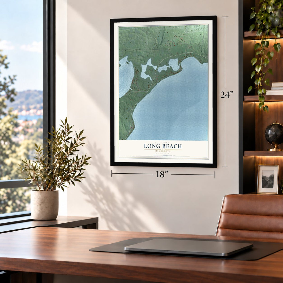 Long Beach, Minnesota map, 18 x 24 inch print in a black frame in a home office