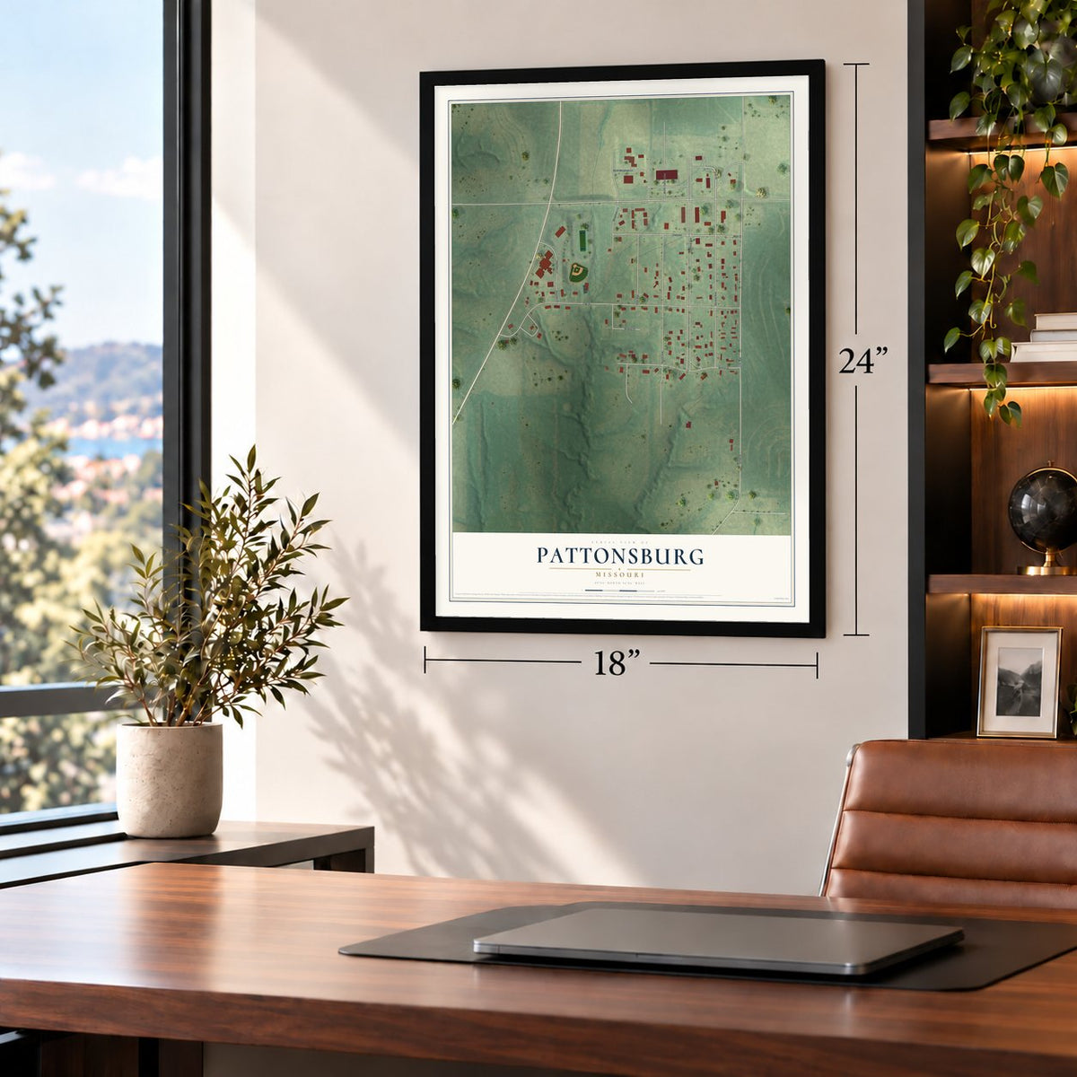 Pattonsburg, Missouri map, 18 x 24 inch print in a black frame in a home office
