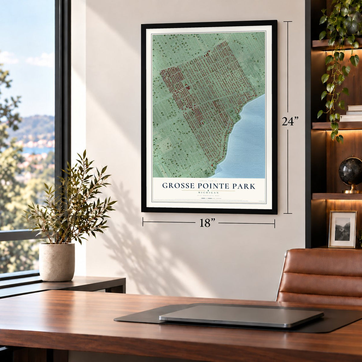 Grosse Pointe Park, Michigan map, 18 x 24 inch print in a black frame in a home office