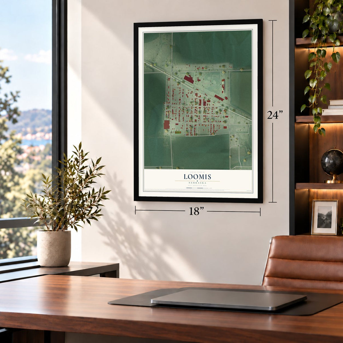 Loomis, Nebraska map, 18 x 24 inch print in a black frame in a home office