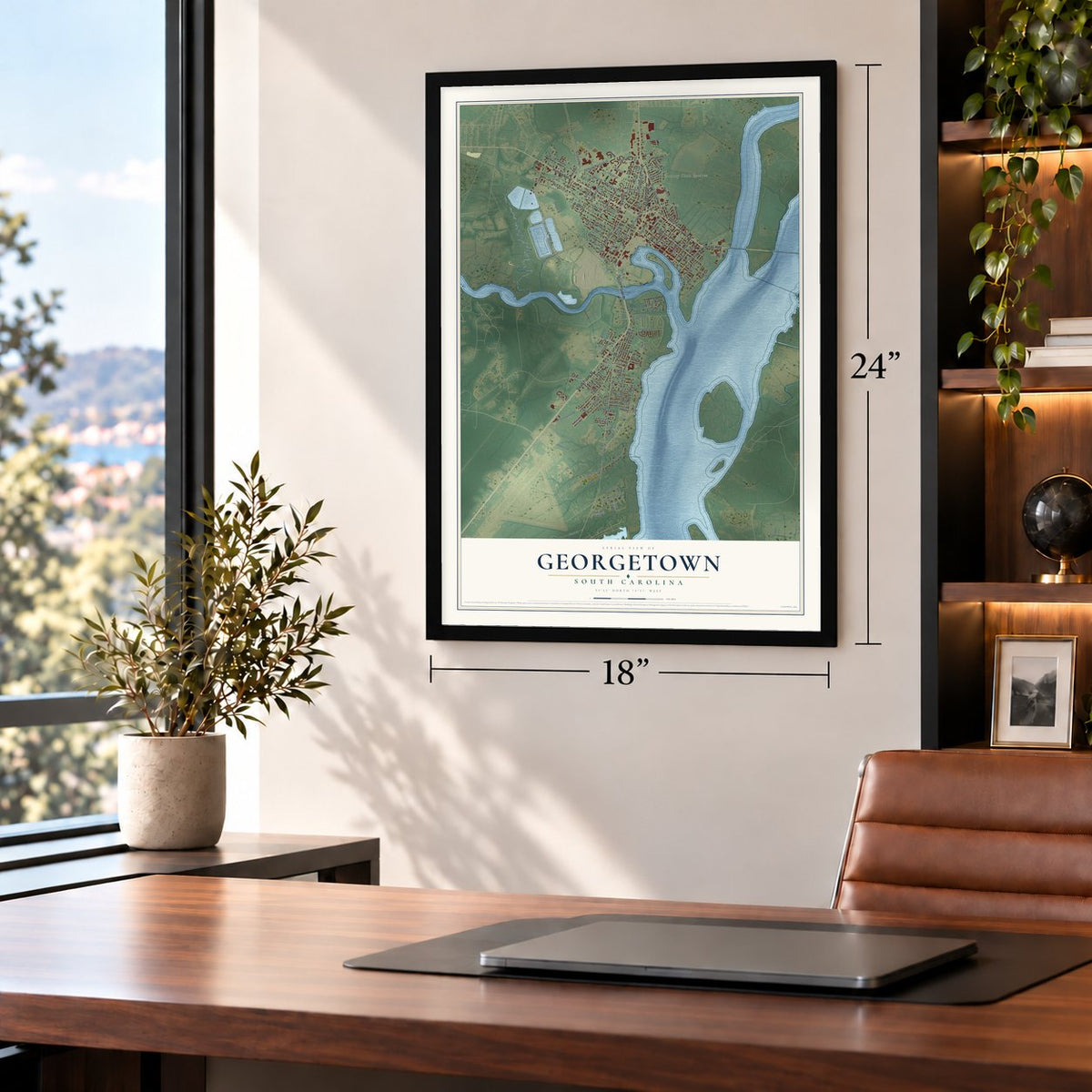 Georgetown, South Carolina map, 18 x 24 inch print in a black frame in a home office