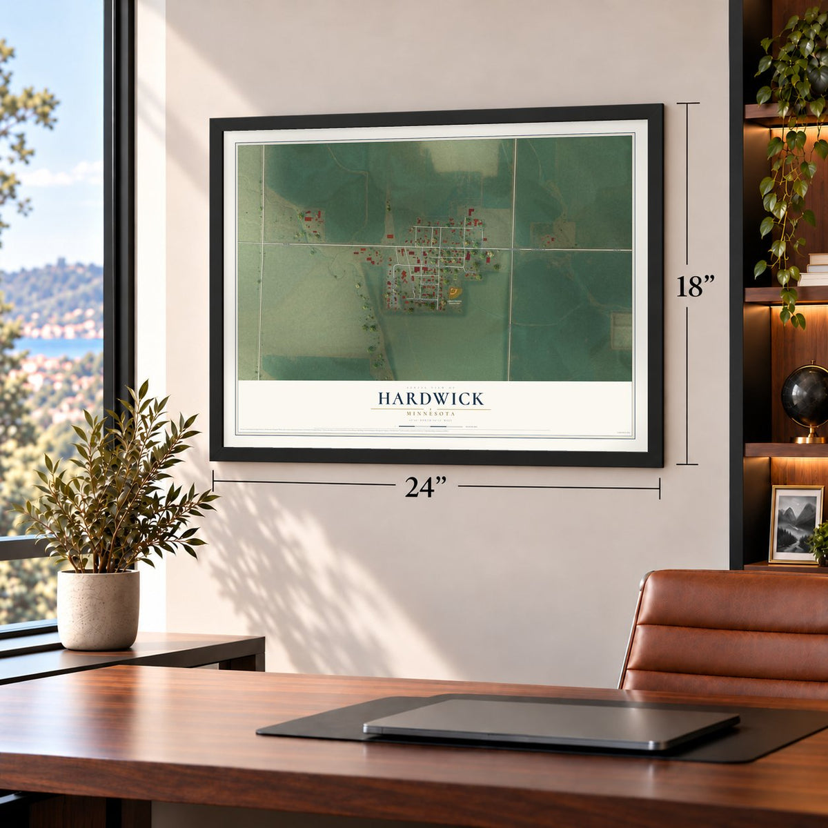 Hardwick, Minnesota map, 18 x 24 inch print in a black frame in a home office