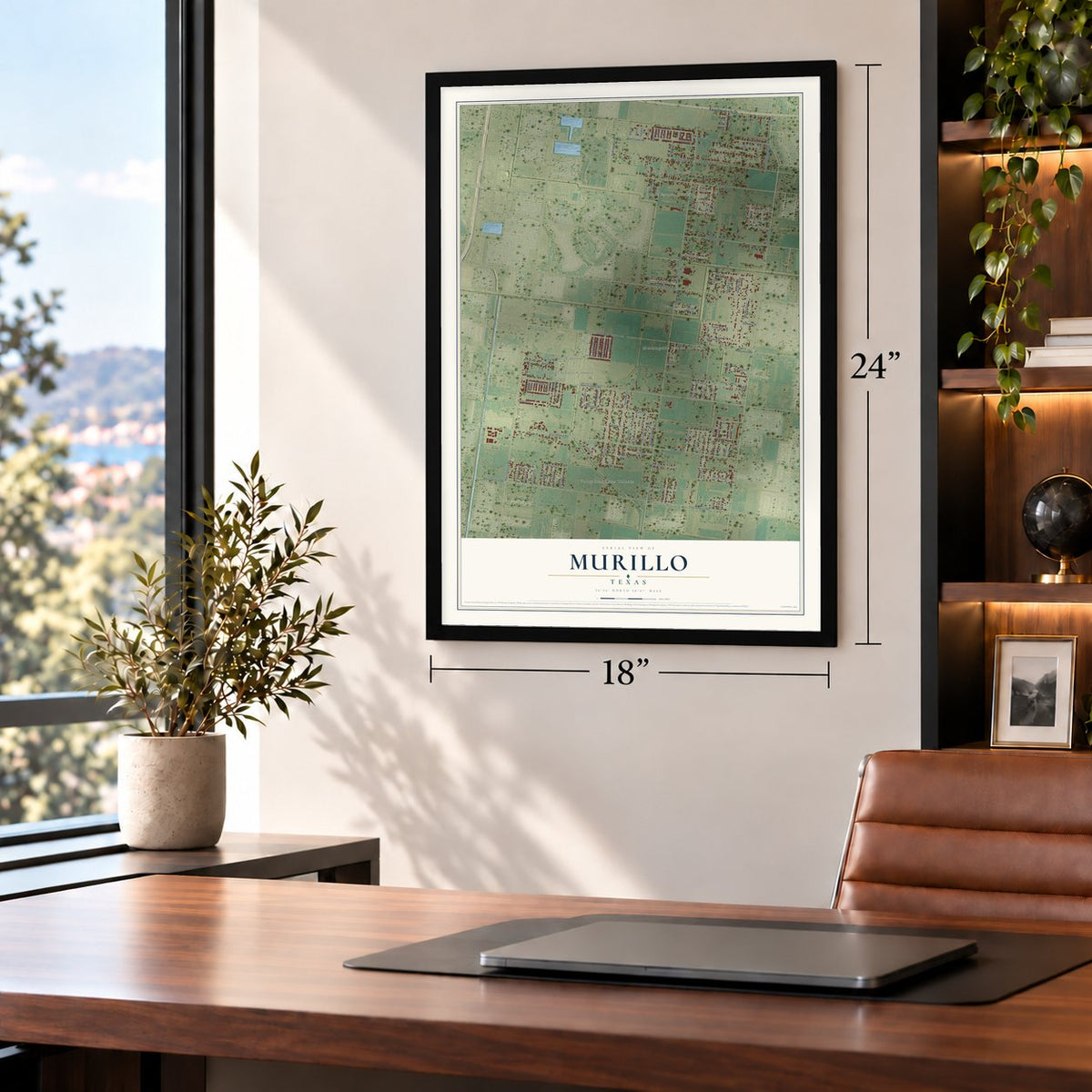 Murillo, Texas map, 18 x 24 inch print in a black frame in a home office