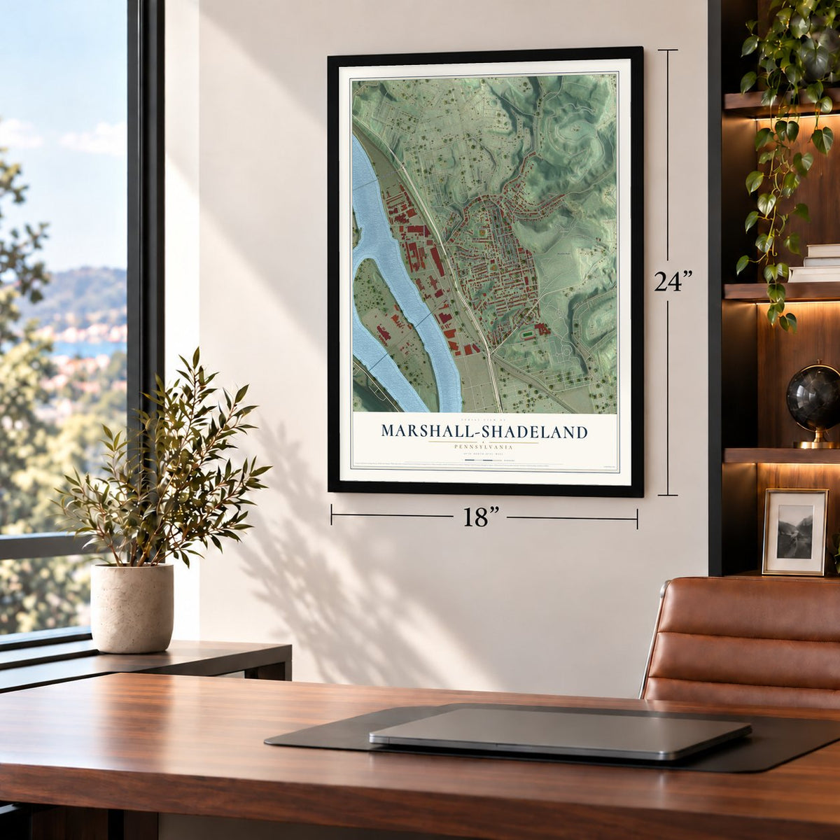 Marshall-Shadeland, Pennsylvania map, 18 x 24 inch print in a black frame in a home office