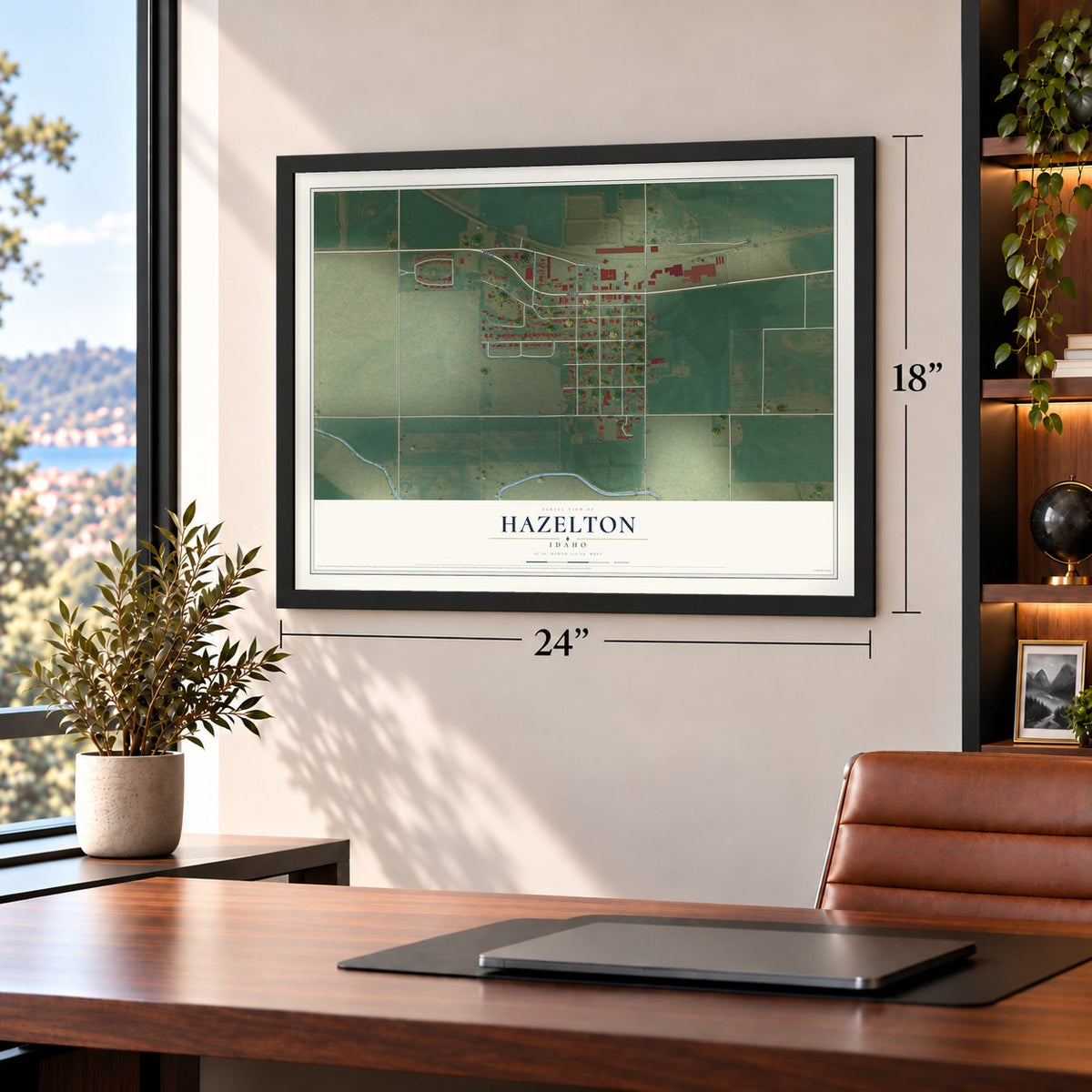 Hazelton, Idaho map, 18 x 24 inch print in a black frame in a home office