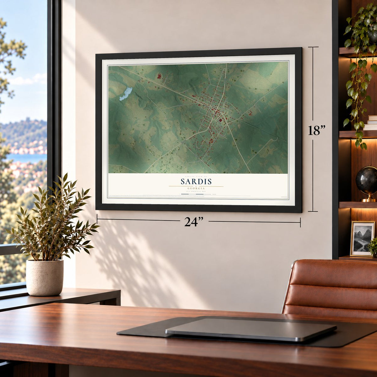 Sardis, Georgia map, 18 x 24 inch print in a black frame in a home office