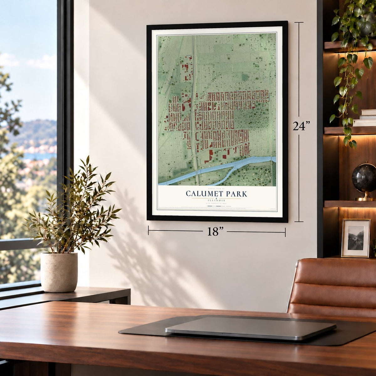 Calumet Park, Illinois map, 18 x 24 inch print in a black frame in a home office