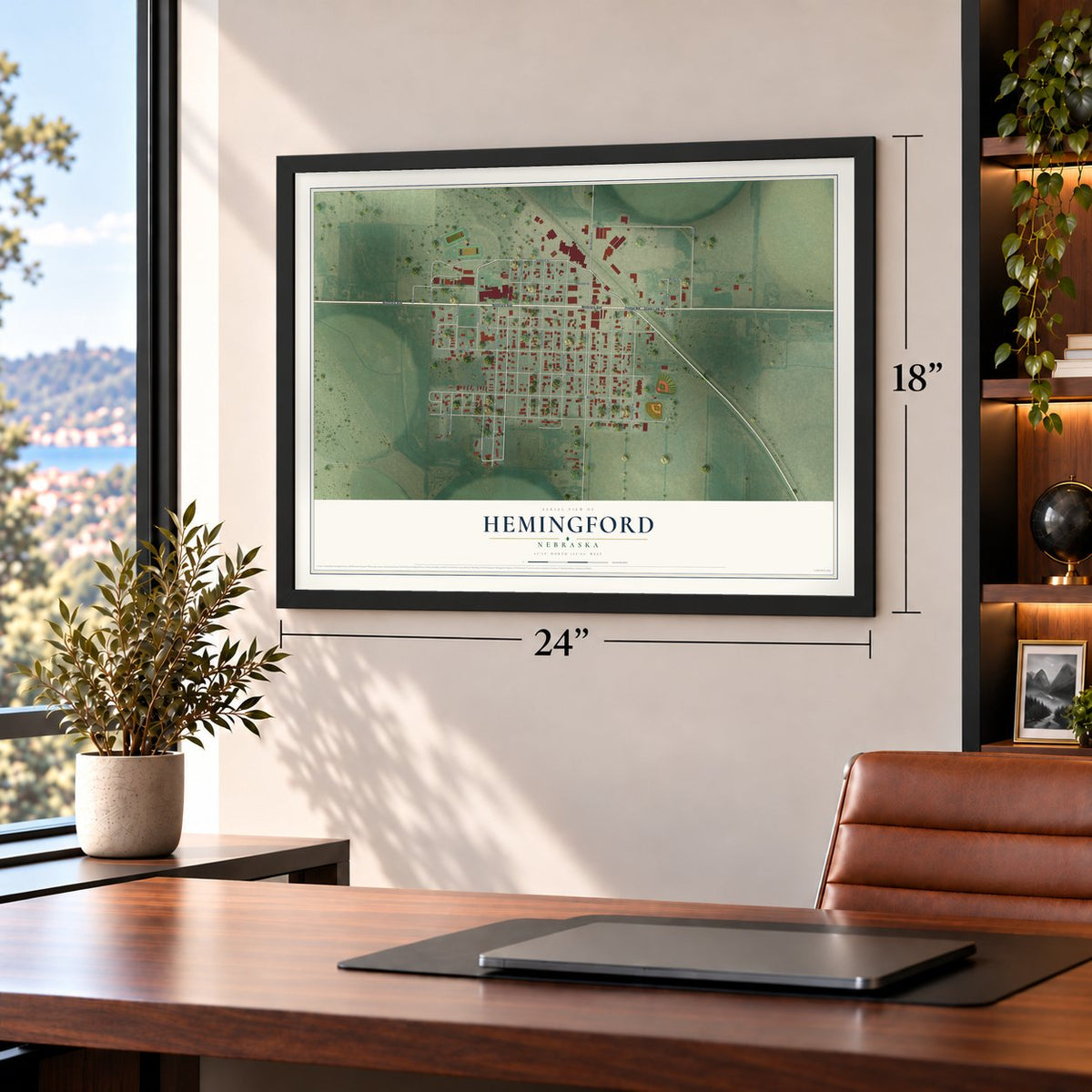 Hemingford, Nebraska map, 18 x 24 inch print in a black frame in a home office