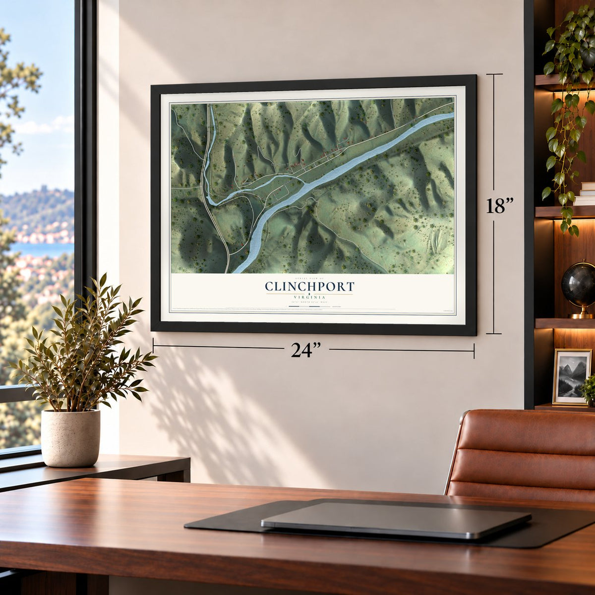 Clinchport, Virginia map, 18 x 24 inch print in a black frame in a home office