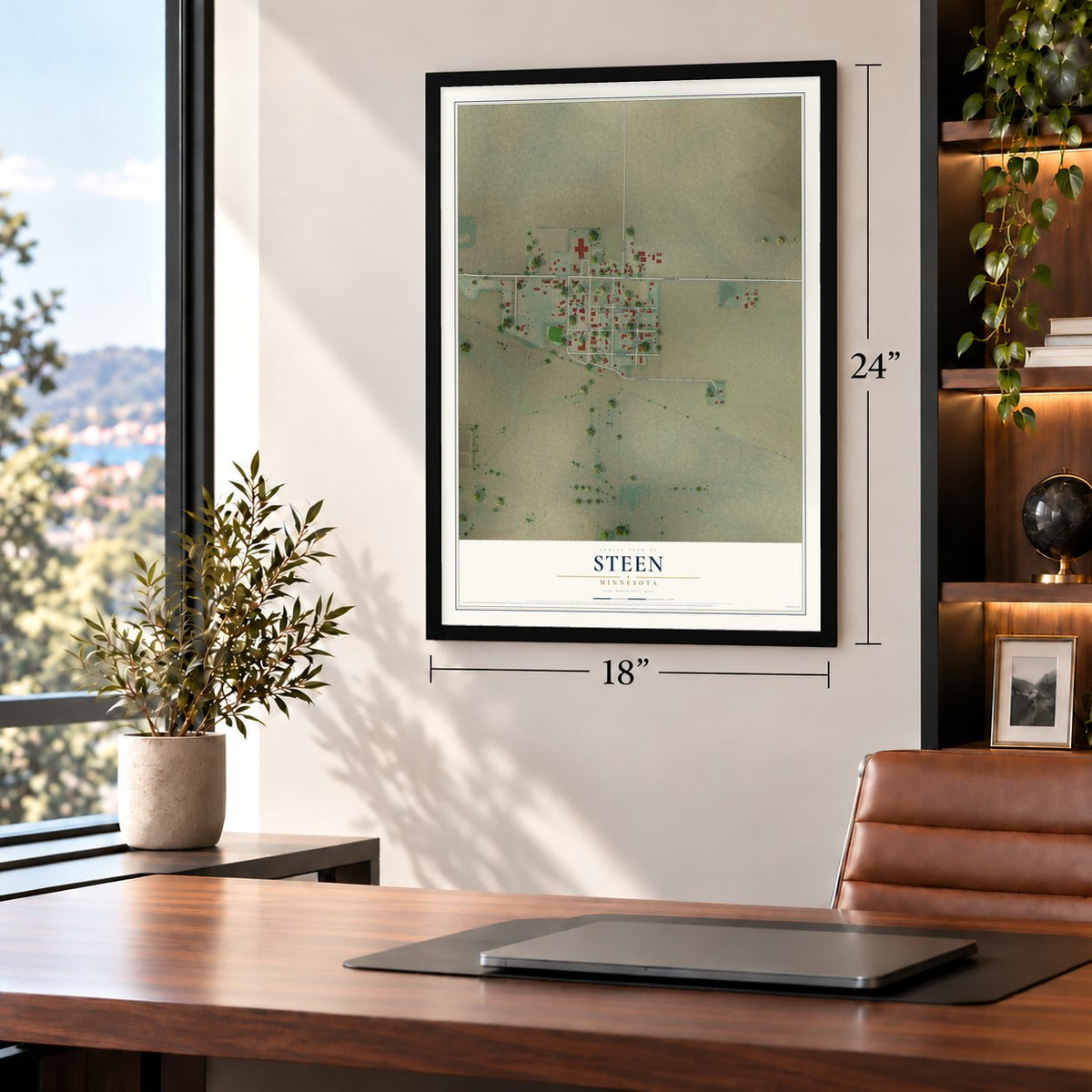 Steen, Minnesota map, 18 x 24 inch print in a black frame in a home office