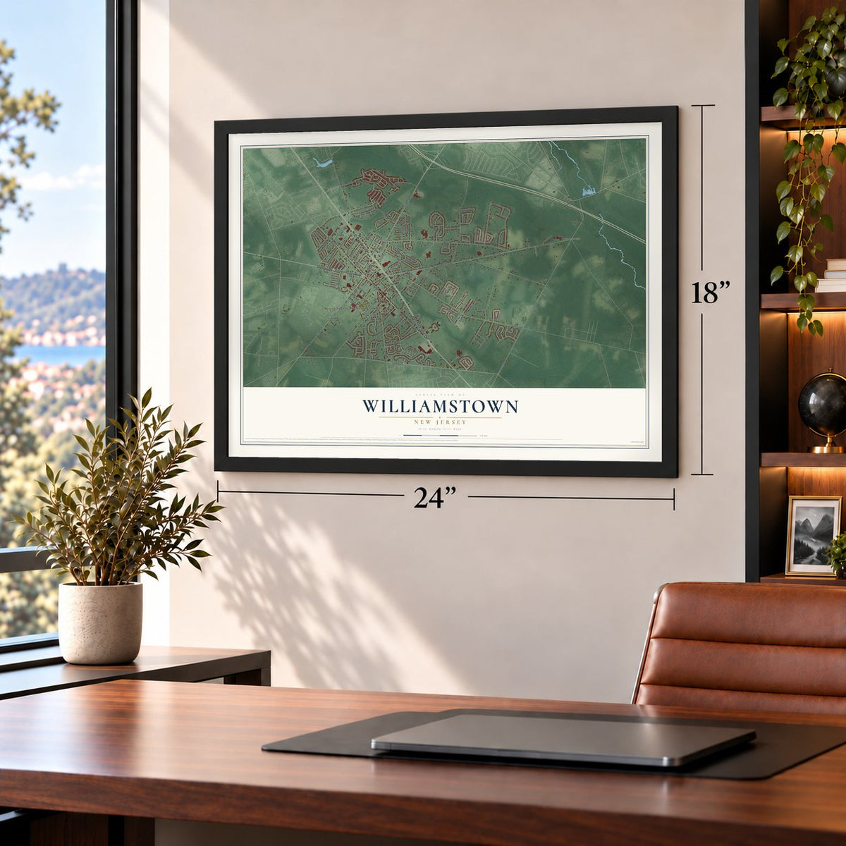 Williamstown, New Jersey map, 18 x 24 inch print in a black frame in a home office