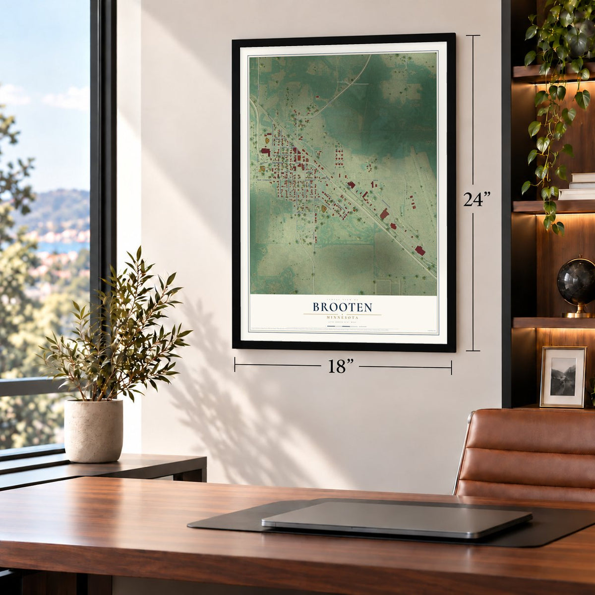 Brooten, Minnesota map, 18 x 24 inch print in a black frame in a home office