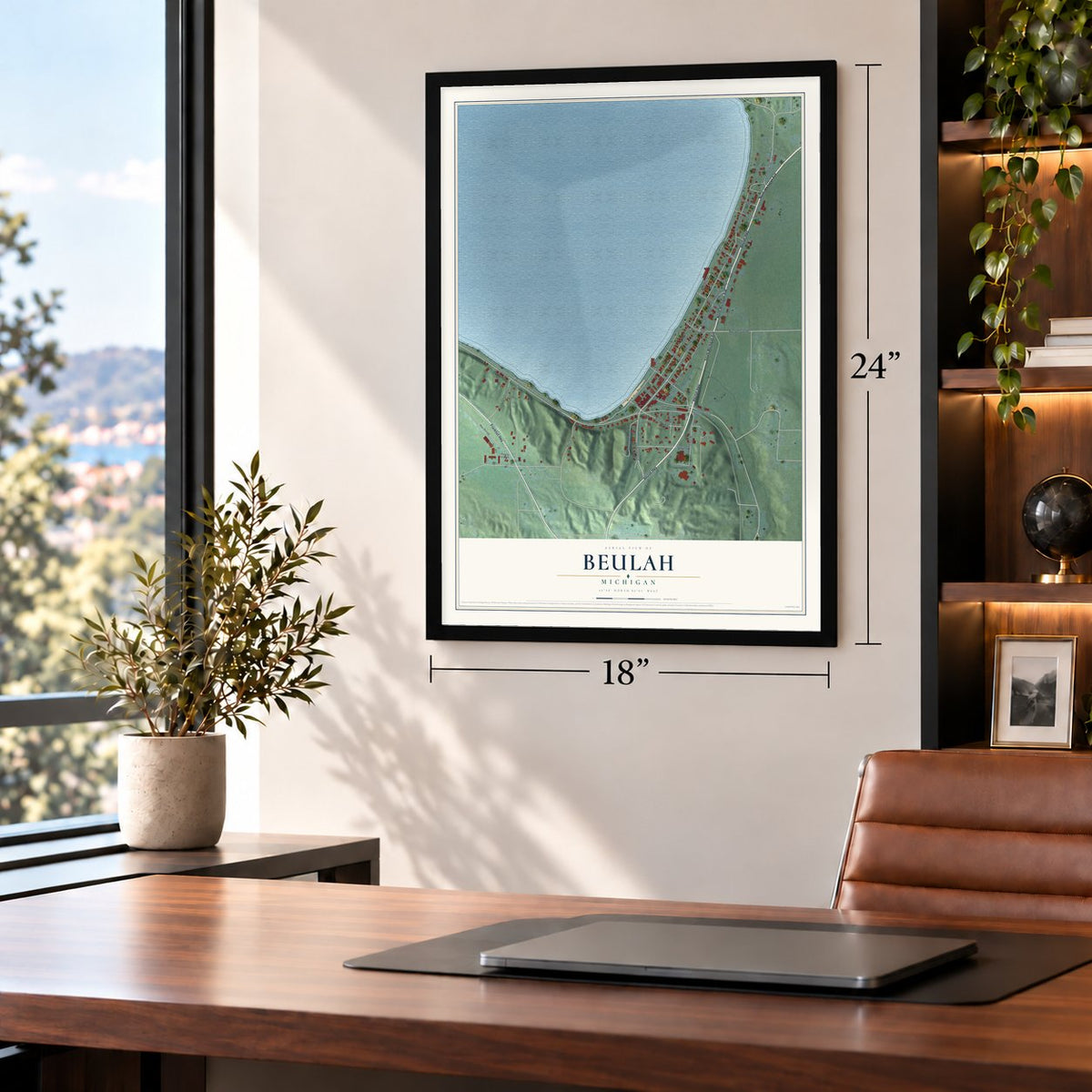 Beulah, Michigan map, 18 x 24 inch print in a black frame in a home office