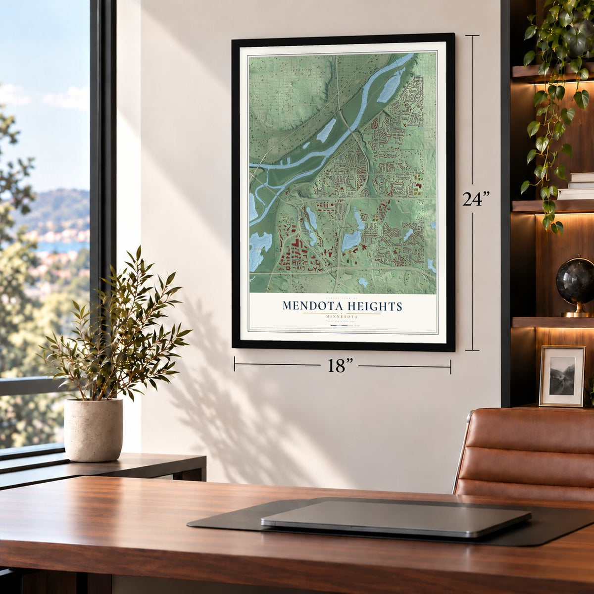 Mendota Heights, Minnesota map, 18 x 24 inch print in a black frame in a home office