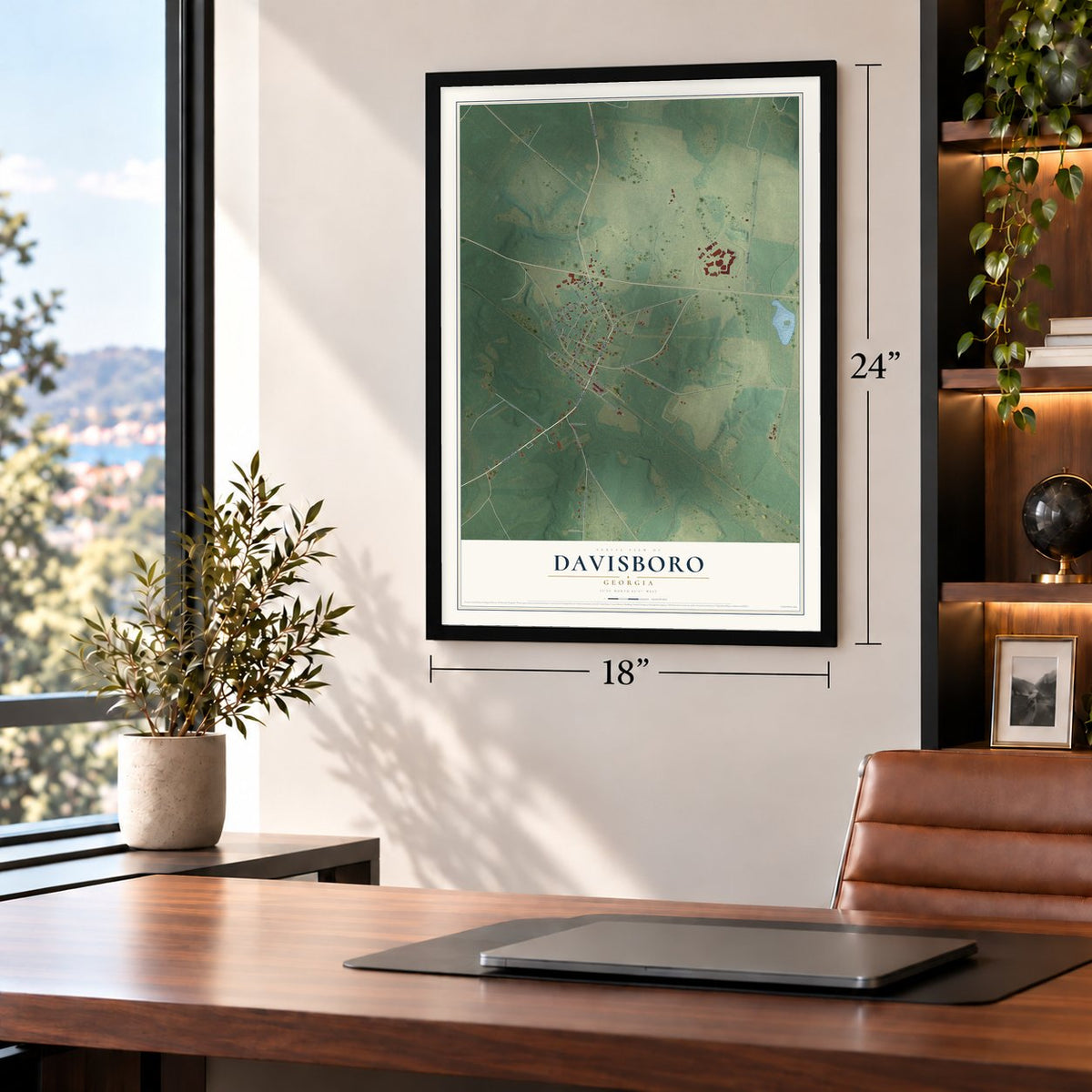 Davisboro, Georgia map, 18 x 24 inch print in a black frame in a home office