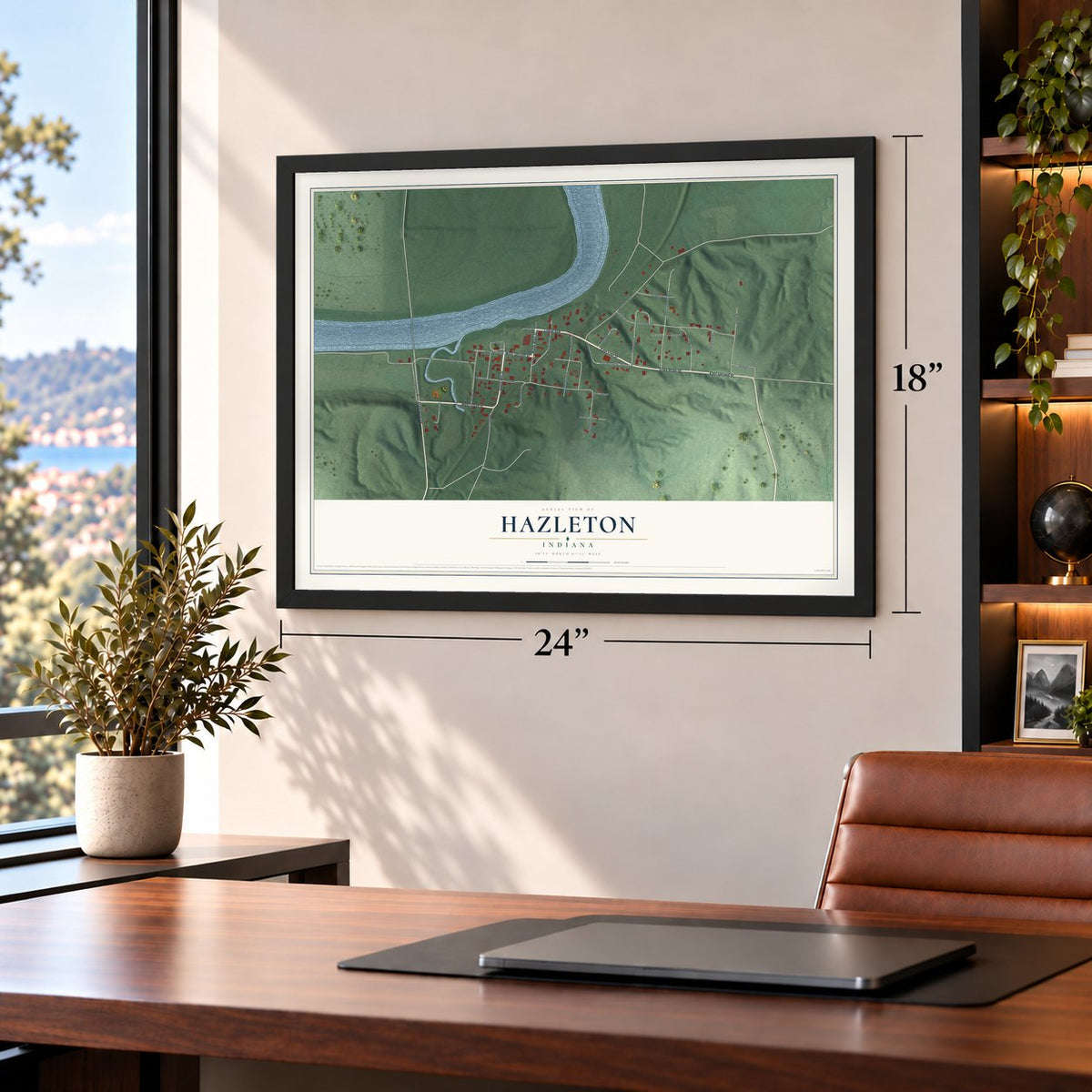Hazleton, Indiana map, 18 x 24 inch print in a black frame in a home office