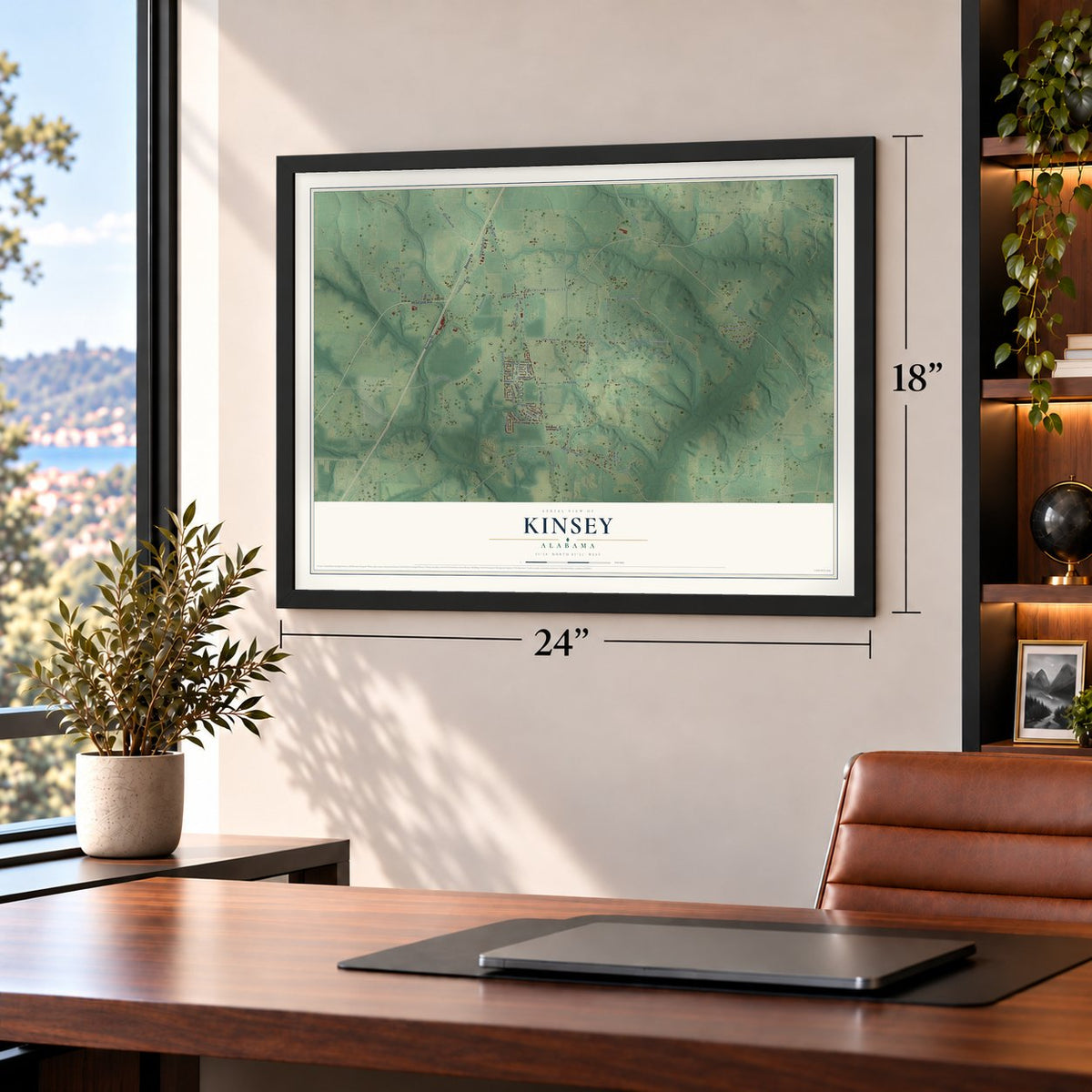 Kinsey, Alabama map, 18 x 24 inch print in a black frame in a home office