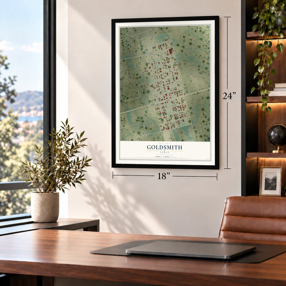 Goldsmith, Texas map, 18 x 24 inch print in a black frame in a home office