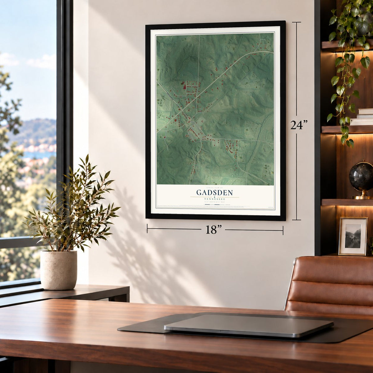 Gadsden, Tennessee map, 18 x 24 inch print in a black frame in a home office