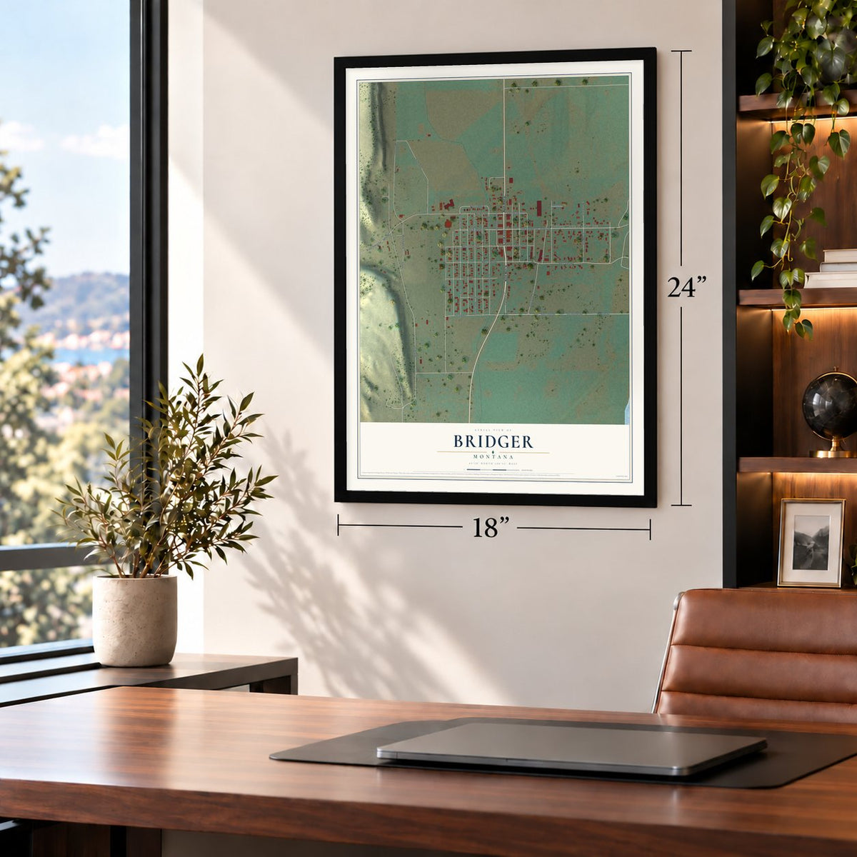Bridger, Montana map, 18 x 24 inch print in a black frame in a home office