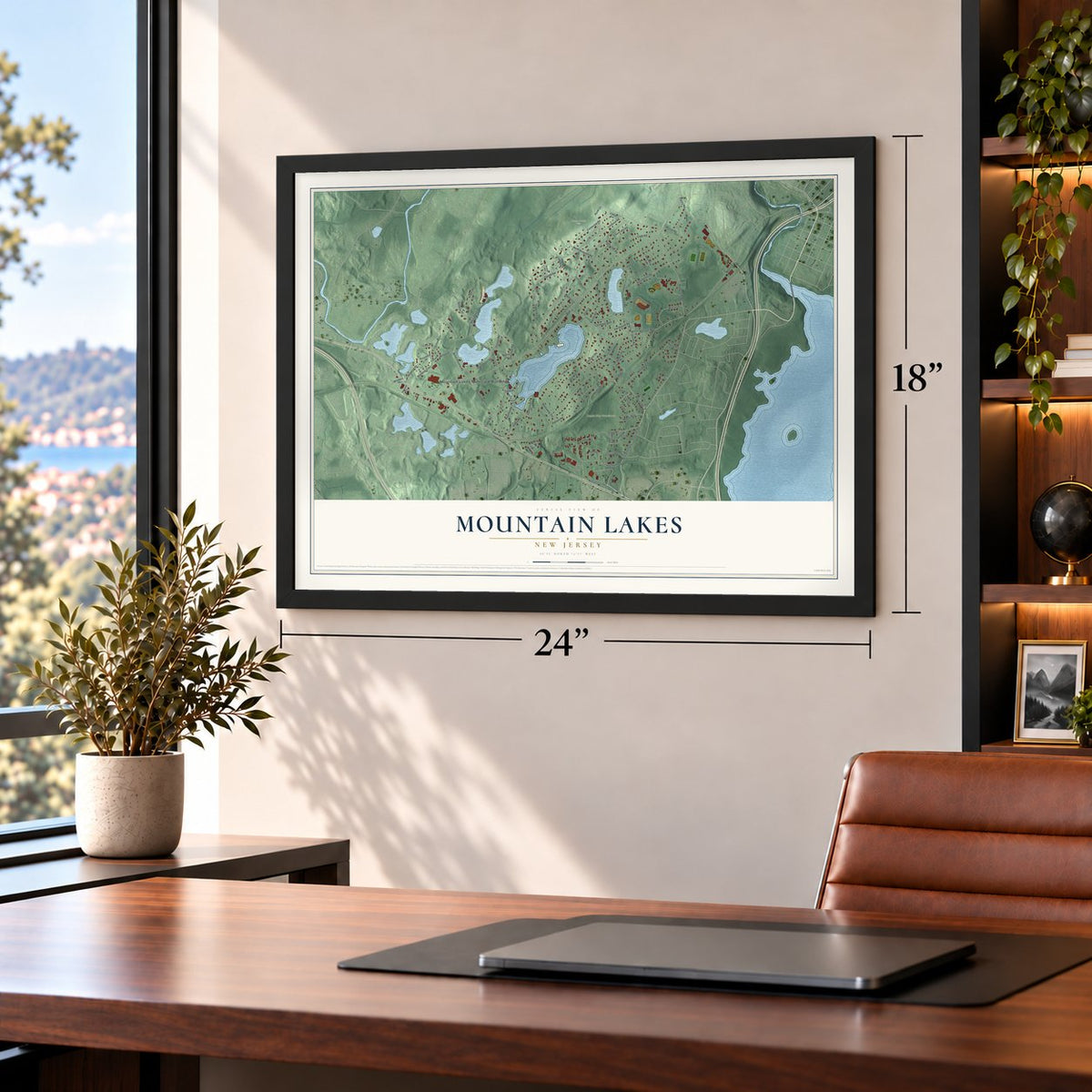 Mountain Lakes, New Jersey map, 18 x 24 inch print in a black frame in a home office
