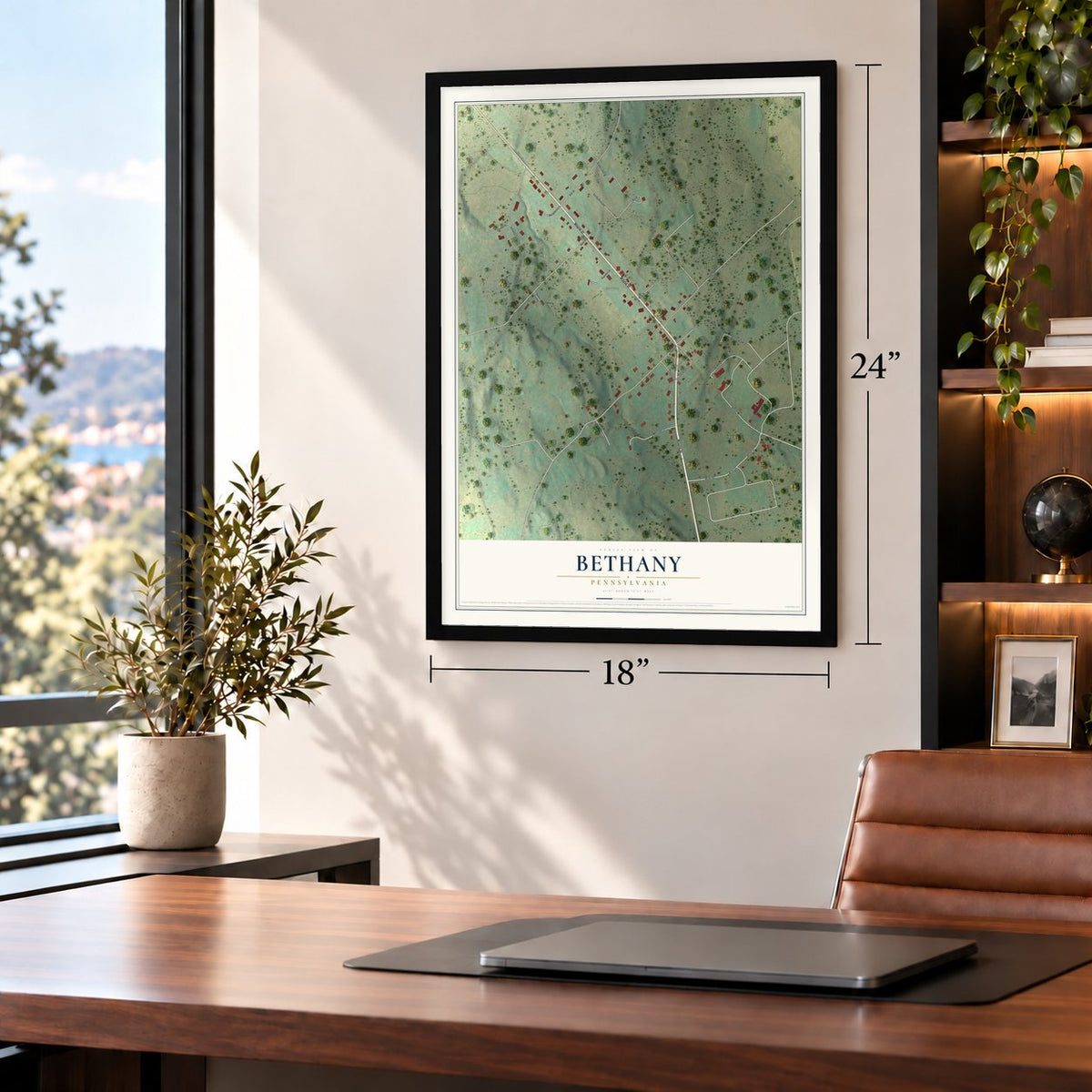 Bethany, Pennsylvania map, 18 x 24 inch print in a black frame in a home office