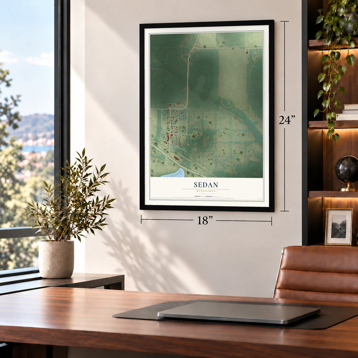 Sedan, Minnesota map, 18 x 24 inch print in a black frame in a home office