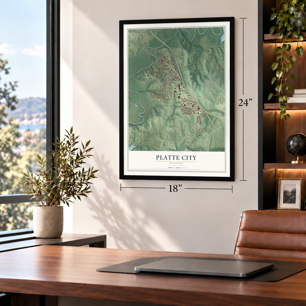 Platte City, Missouri map, 18 x 24 inch print in a black frame in a home office