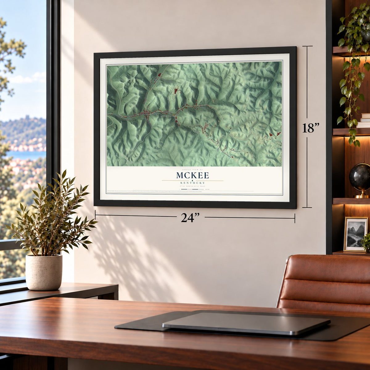 McKee, Kentucky map, 18 x 24 inch print in a black frame in a home office