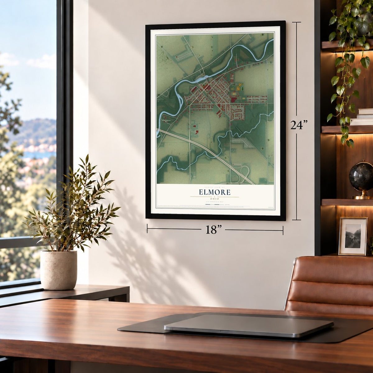 Elmore, Ohio map, 18 x 24 inch print in a black frame in a home office