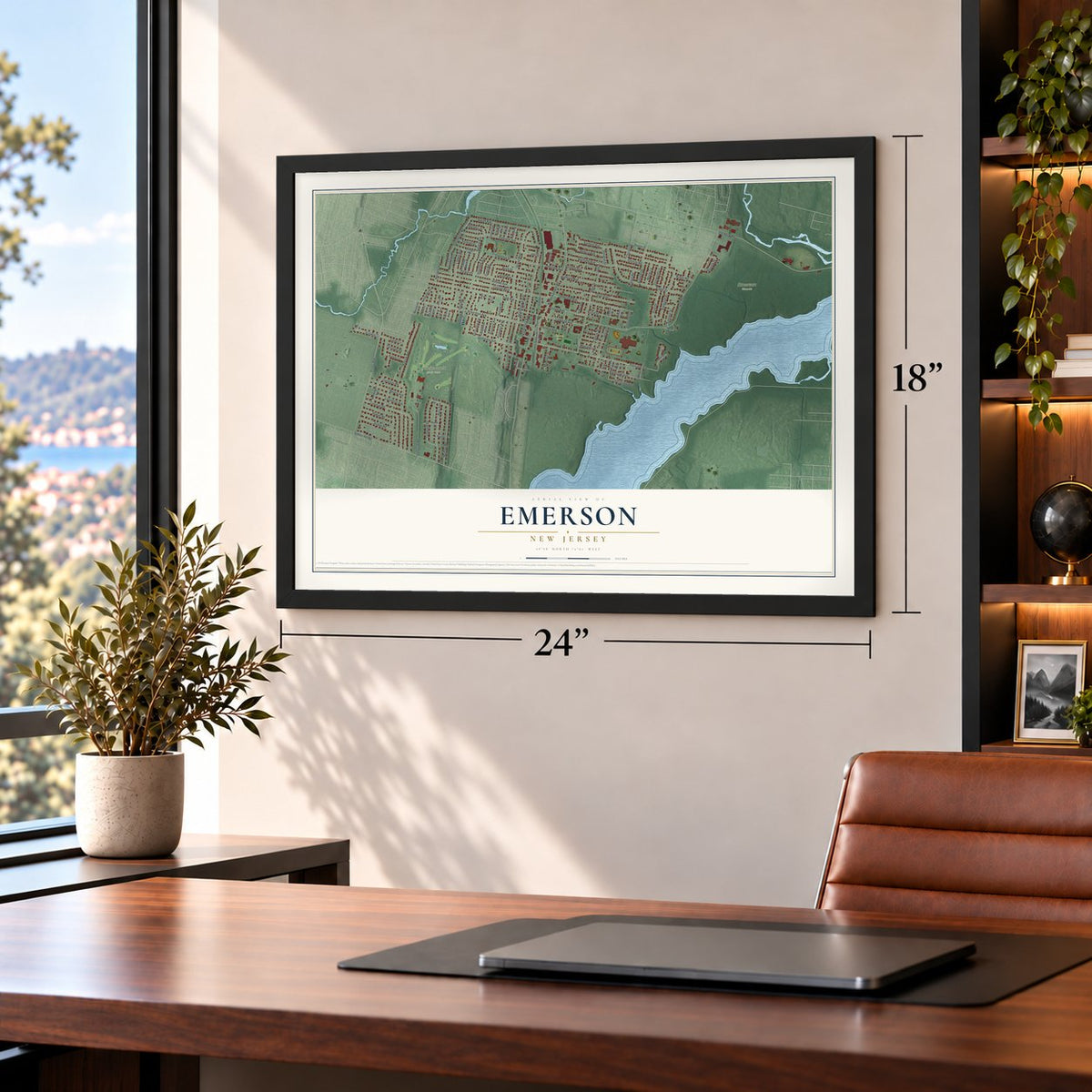 Emerson, New Jersey map, 18 x 24 inch print in a black frame in a home office