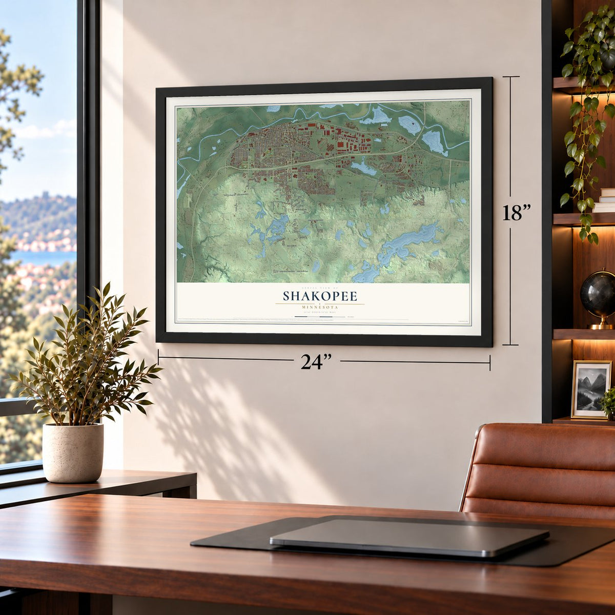 Shakopee, Minnesota map, 18 x 24 inch print in a black frame in a home office
