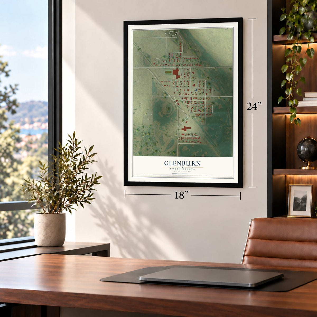 Glenburn, North Dakota map, 18 x 24 inch print in a black frame in a home office