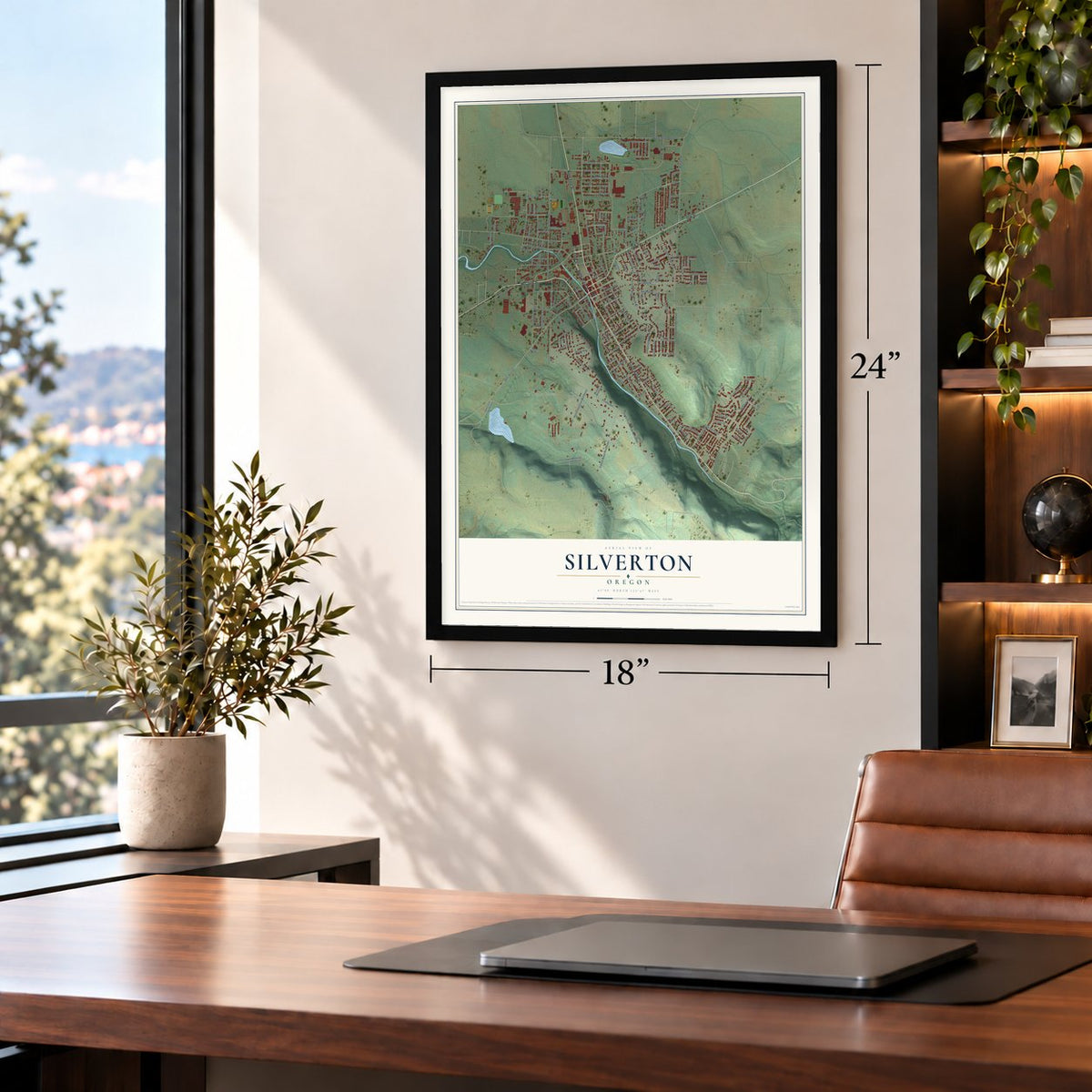 Silverton, Oregon map, 18 x 24 inch print in a black frame in a home office