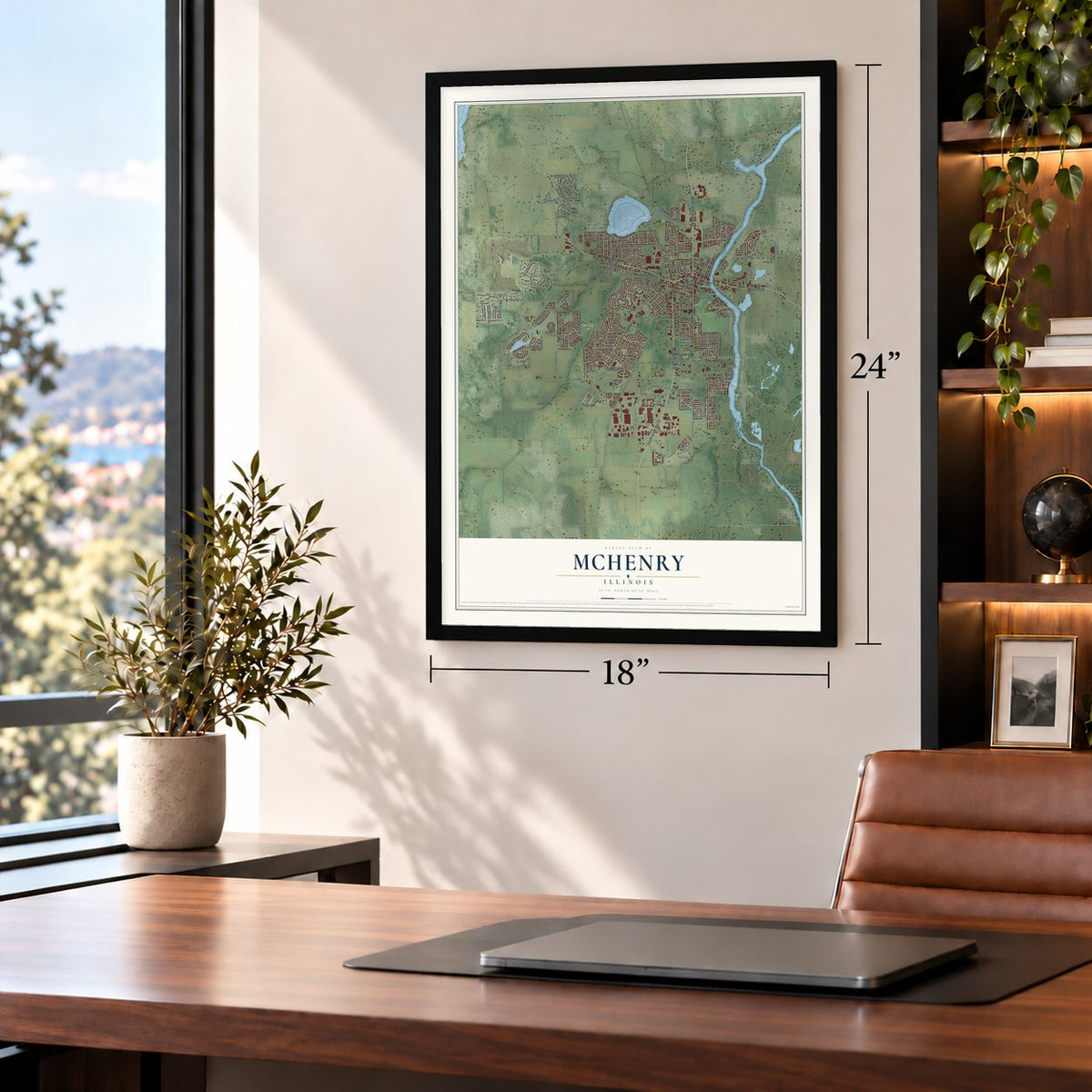 McHenry, Illinois map, 18 x 24 inch print in a black frame in a home office